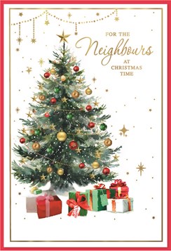 Neighbours Christmas Card - Xmas Tree Gold Red Green Baubles & Foil 7.5x5.25"