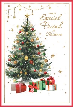 Special Friend Christmas Card - Xmas Tree Gold Red Green Baubles & Foil 7.5x5