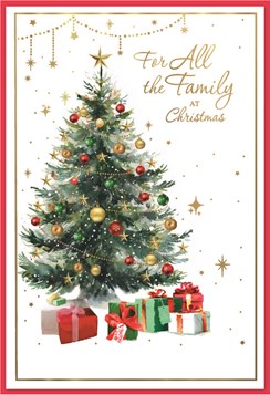 To All The Family Christmas Card - Xmas Tree Gold Red Green Baubles & Foil 7.5x5