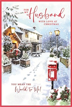 Husband Christmas Card - Post Box Outside Pub in Snow with Red Foil 9x6"