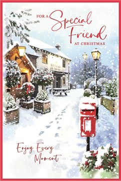 Special Friend Christmas Card - Post Box Outside Pub in Snow with Red Foil 9x6"