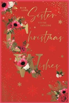 Sister Christmas Card - Red with Pink White Flowers and Gold Foil 9x6"