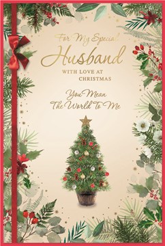 Husband Christmas Card - Christmas Tree with Holly Border Gold Foil 9 x 6"