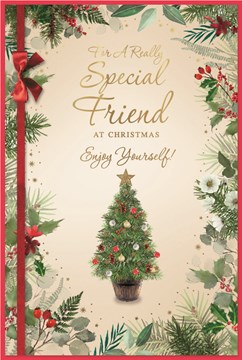 Special Friend Christmas Card - Xmas Tree with Holly Border Gold Foil 9 x 6"