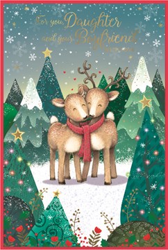 Daughter & Boyfriend Christmas Card - Reindeers in Forest with Gold Foil 9x6"