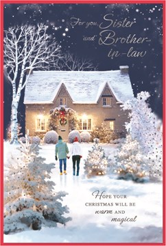 Sister & Brother-in-Law Christmas Card - Snowy House at Night Silver Foil 9x6"