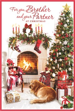 Brother & Partner Christmas Card - Dog by Xmas Tree Fireplace with Red Foil 9x6