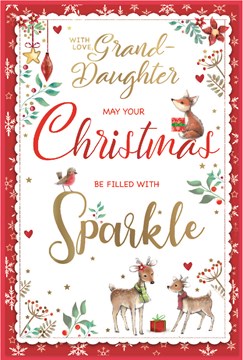 Granddaughter Christmas Card - Deer Robin and Fox Flowers Hearts Gold Foil 9x6"