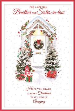 Brother & Sister-in-Law Christmas Card - Wreath on White Door with Red Foil 9x6"