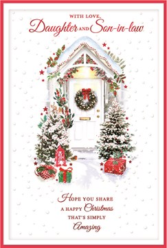 Daughter & Son-in-Law Christmas Card - Wreath on White Door with Red Foil 9x6"