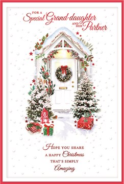 Granddaughter & Partner Christmas Card - Wreath on White Door with Red Foil 9x6"