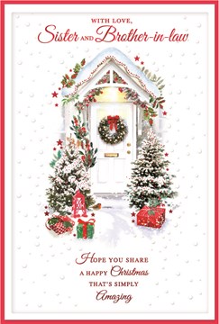 Sister & Brother in Law Christmas Card - Wreath on White Door with Red Foil 9x6"