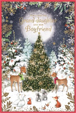 Granddaughter & Boyfriend Christmas Card - Wildlife by Tree at Night & Foil 9x6"