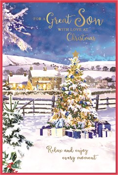 Son Christmas Card - Xmas Tree in Snow with Blue Baubles Gold Foil 9x6"