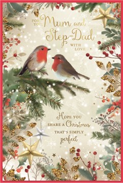 Mum and Stepdad Christmas Card - Red Robins on Tree Holly Stars Gold Foil 9x6"