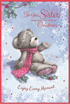 Sister Christmas Card - Bear in Pink Scarf with Holly & Snowflakes Red Foil 9x6"