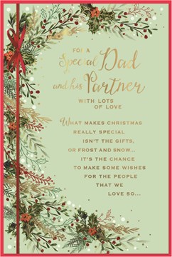 Dad & Partner Christmas Card - Holly Leaves Red Ribbon with Gold Foil Verse 9x6"