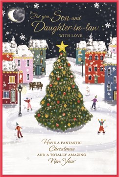 Son & Daughter-in-Law Christmas Card - Xmas Tree in Snowy Village Gold Foil 9x6"