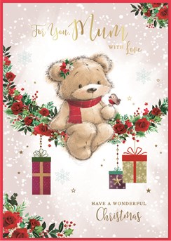 Mum Christmas Card - Bear with Robin Sat on Rose Garland & Gold Foil 9.75x7"
