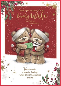 Wife Christmas Card - Bears in Santa Hats Scarves in Snow with Gold Foil 10x7"