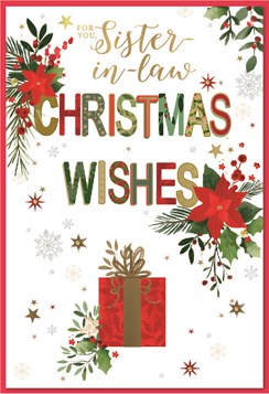 Sister-in-Law Christmas Card - Red Gift & Poinsettia Flowers Gold Foil 7.5x5.25"