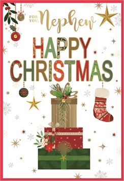 Nephew Christmas Card - Red Green and Gold Stacked Presents with Foil 7.5x5.25"