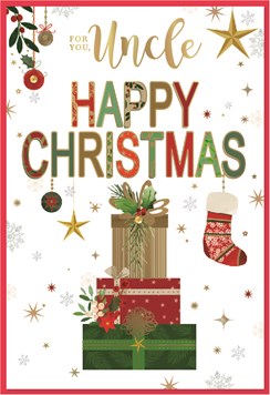 Uncle Christmas Card - Red Green and Gold Stacked Presents with Foil 7.5x5.25"
