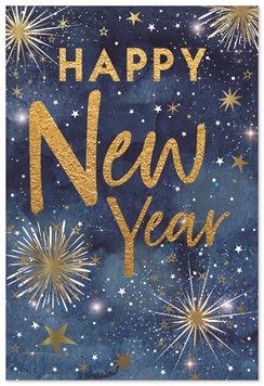 Happy New Year Greetings Card - Blue with Gold Foil Writing & Stars 7.5x5.25"