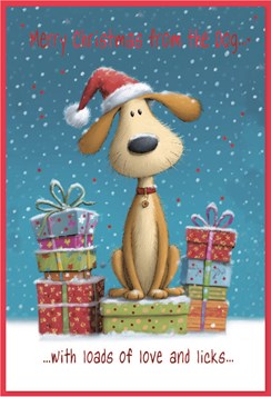 From The Dog Christmas Card - Dog in Santa Hat with Gifts and Red Foil 7.5x5.5"