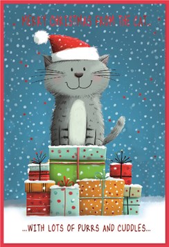 From The Cat Christmas Card - Cat in Santa Hat with Gifts and Red Foil 7.5x5.5"