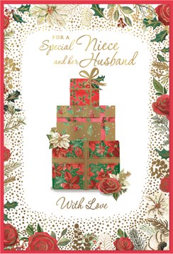 Niece & Husband Christmas Card - Stacked Gifts Flower Border Gold Foil 7.5x5.25"