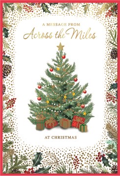 Across The Miles Christmas Card - Xmas Tree Holly Border Gold Foil 7.5x5.25"