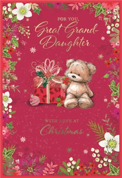 Great Granddaughter Christmas Card - Bear Sat by Gift Box Gold Foil 7.5x5.25"