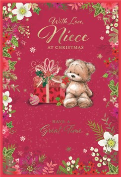 Niece Christmas Card - Bear Sat by Gift Box Flower Border & Gold Foil 7.5x5.25"
