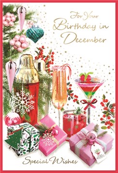 December Birthday Christmas Card - Gifts and Cocktails with Gold Foil 7.5x5.25"