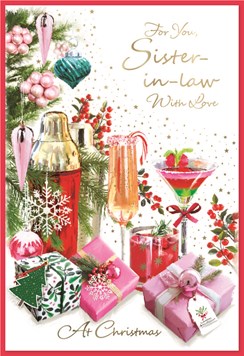 Sister-in-Law Christmas Card - Gifts and Cocktails with Gold Foil 7.5x5.25"