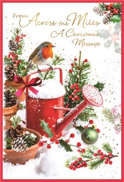 Across the Miles Christmas Card - Robin on Watering Can in Snow & Foil 7.5x5.25"