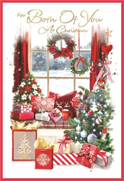 Both of You Christmas Card - Xmas Tree by Window Seat with Gold Foil 7.25x5.25"