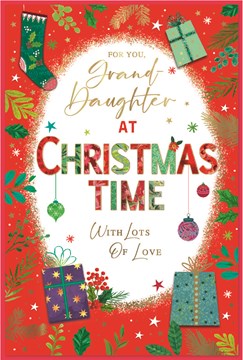 Granddaughter Christmas Card - Red Border Stocking Gifts Holly & Gold Foil 9x6"