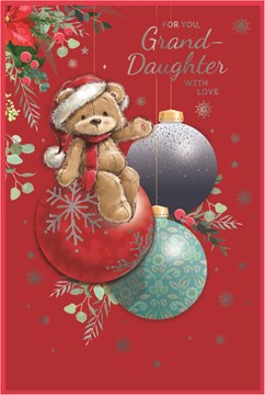 Granddaughter Christmas Card - Santa Bear Sat on Baubles with Silver Foil 9x6"