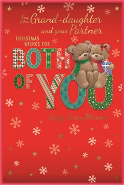 Granddaughter & Partner Christmas Card - Bears Sat on Words with Gold Foil 9x6"