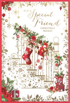 Special Friend Christmas Card - Stockings on Staircase with Gold Foil 7.5x5.25