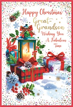 Great Grandson Christmas Card - Lantern & Gifts in Snow with Gold Foil 7.5x5.5"
