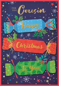 Special Cousin Christmas Card - Blue Red Green Crackers with Gold Foil 7.5x5.25"