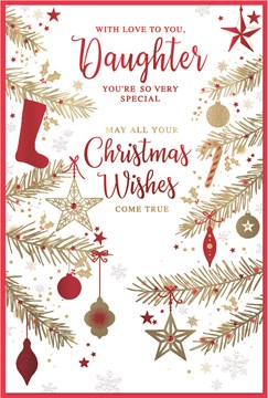 Daughter Christmas Card - Red and Gold Foil Xmas Tree Branches 9x6"