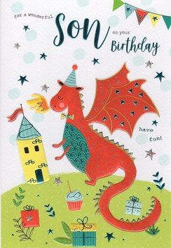 Son Birthday Card  - Red Dragon, Gifts, Cupcake, Stars & Blue Foil 9" x 6"