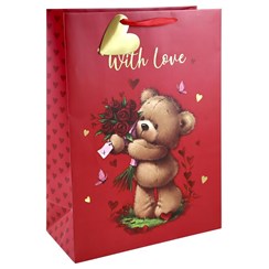 Extra Large Valentine's Day Gift Bag with Tag - Bear with Red Roses Gold Foil