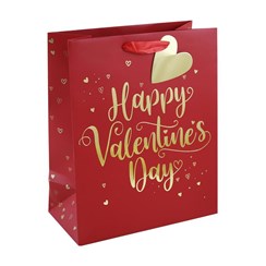 Large Valentine's Day Gift Bag Ribbon Handle & Tag - Gold Foil Writing & Hearts