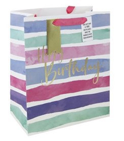 Large Birthday Gift Bag - Pink Lilac White Stripe Silver Foil & Tag 13x10.5"