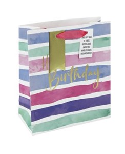Medium Birthday Gift Bag - Pink Lilac White Stripe Silver Foil & Tag 10x8.5"